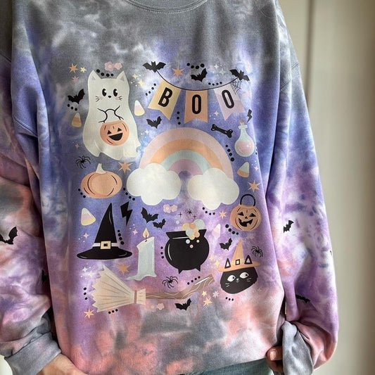 Batty boo cat ghost Halloween Tiedye Cotton Casual Crewneck Sweatshirt for Women's Wear Tops
