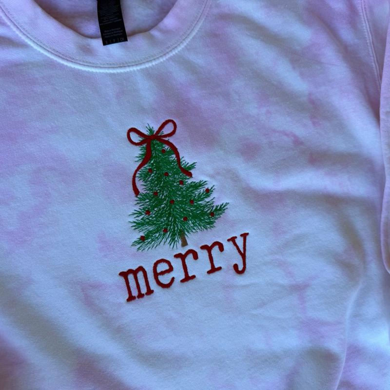 Embroidered Merry Tie-Dye Sweatshirt with Festive Tree Design Perfect for Holiday Season