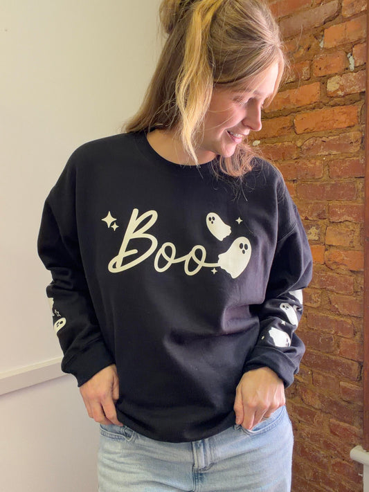 Halloween Ghost Sweatshirt for Women - Black crewneck with White Ghosts Design - Perfect for Fall Fashion