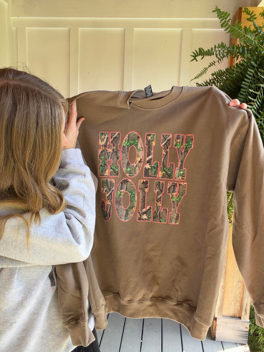 Holly Jolly Brown Sweatshirt with Festive Camo Print for Cozy Winter Wear, christmas