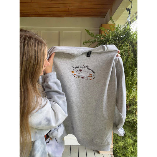 Just a Fall Goose Embroidered Sweatshirt with Autumn Leaves Design