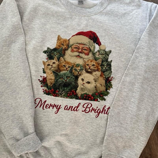 Santa with Kitten/cats merry and bright vintage nostalgia sweatshirt