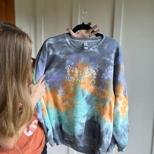 Shimmer dancing skeleton print with bats on the sleeve! TIEDYE Cotton