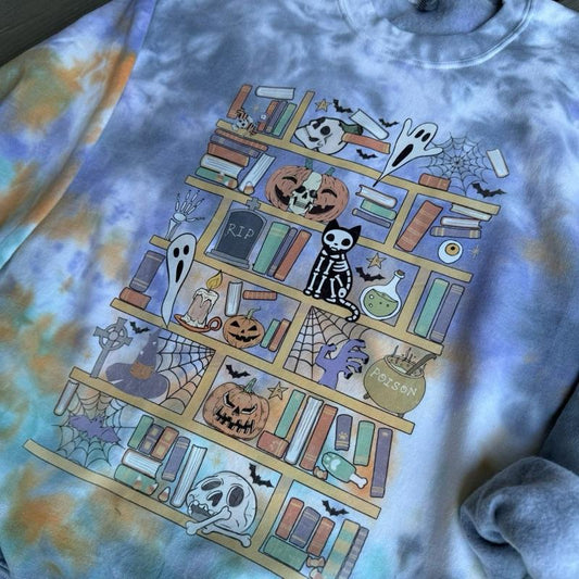 Spooky Book Library Halloween Tiedye Cotton Casual Crewneck Sweatshirt for Women's Wear Tops