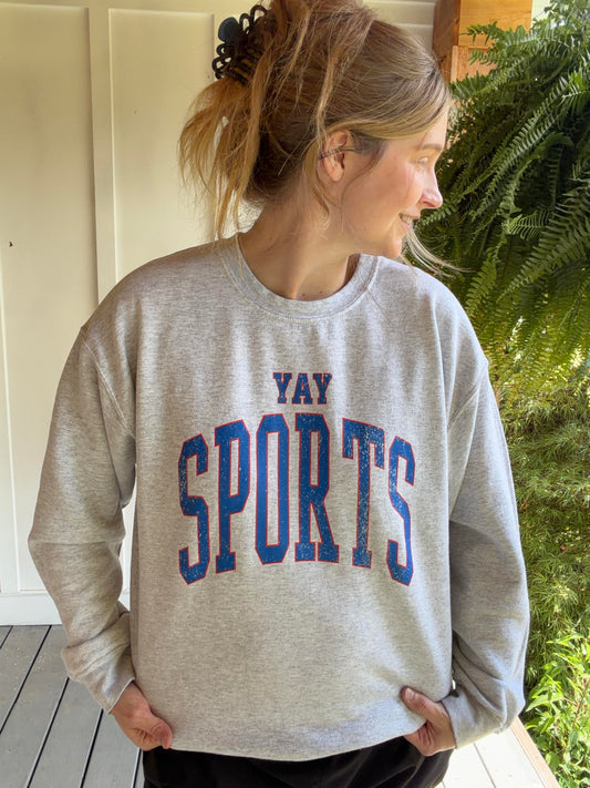 Yay Sports Sweatshirt - Gray Long Sleeve Crew Neck with Blue Lettering, Casual Style for Everyday Wear cute fall gift