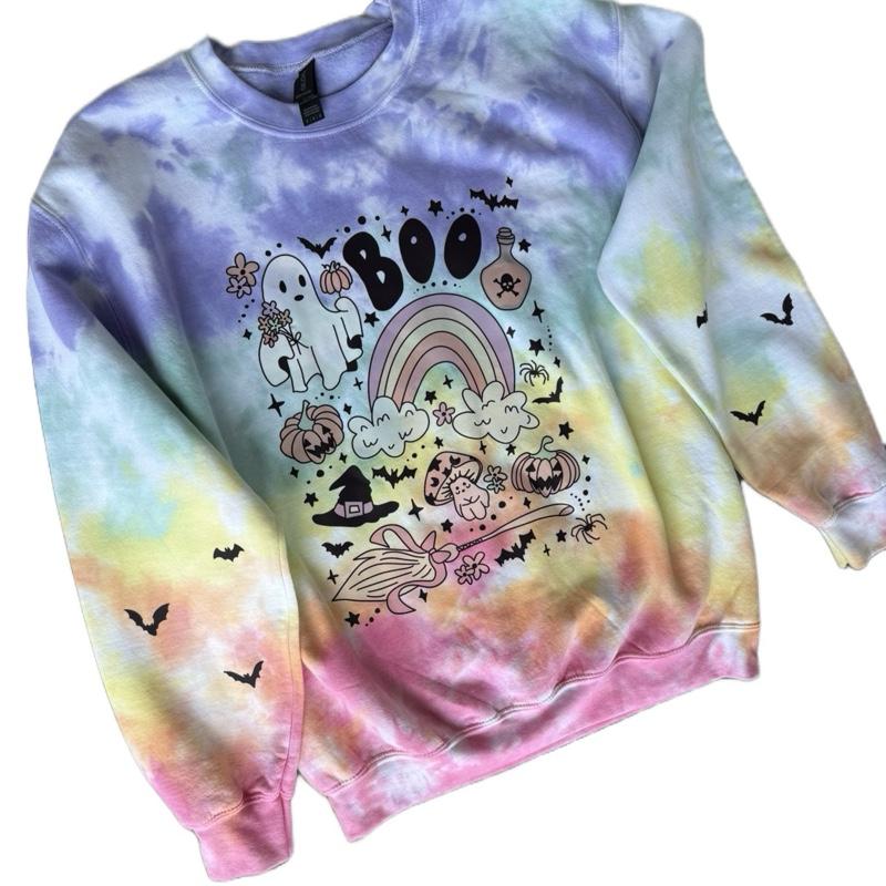 2025 updated Original Spooky ghost (Front Design with BATS on sleeves)Halloween TIEDYE Cotton