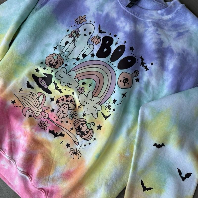 2025 updated Original Spooky ghost (Front Design with BATS on sleeves)Halloween TIEDYE Cotton