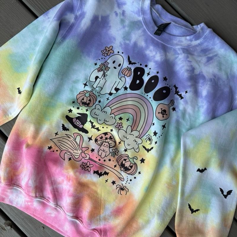 2025 updated Original Spooky ghost (Front Design with BATS on sleeves)Halloween TIEDYE Cotton
