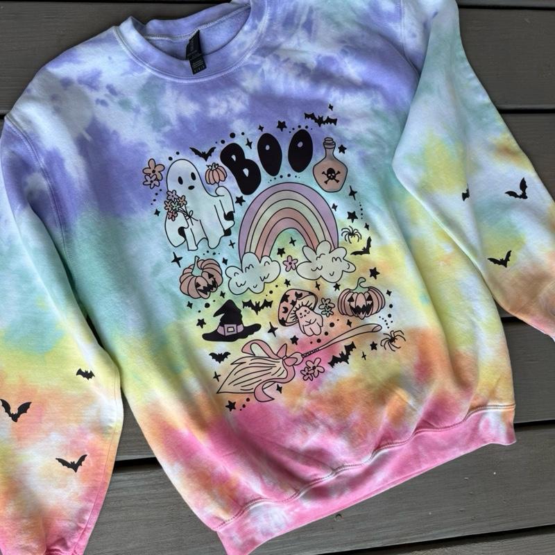2025 updated Original Spooky ghost (Front Design with BATS on sleeves)Halloween TIEDYE Cotton