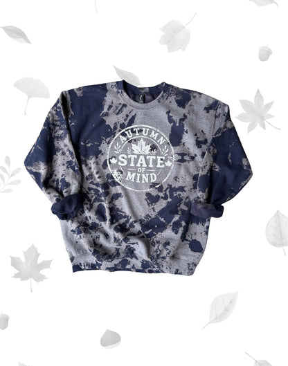 Autumn's State of Mind Sweatshirt - Navy vintage washed Design with Leaf Motif - Cozy and Comfortable cute fall gift