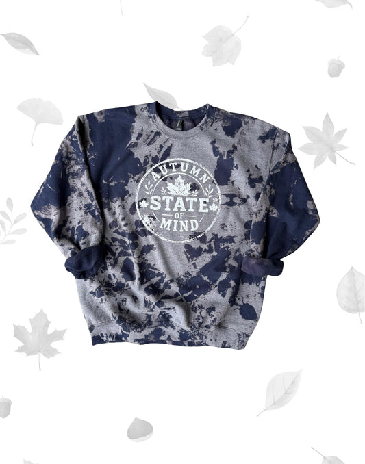 Autumn's State of Mind Sweatshirt - Navy vintage washed Design with Leaf Motif - Cozy and Comfortable cute fall gift