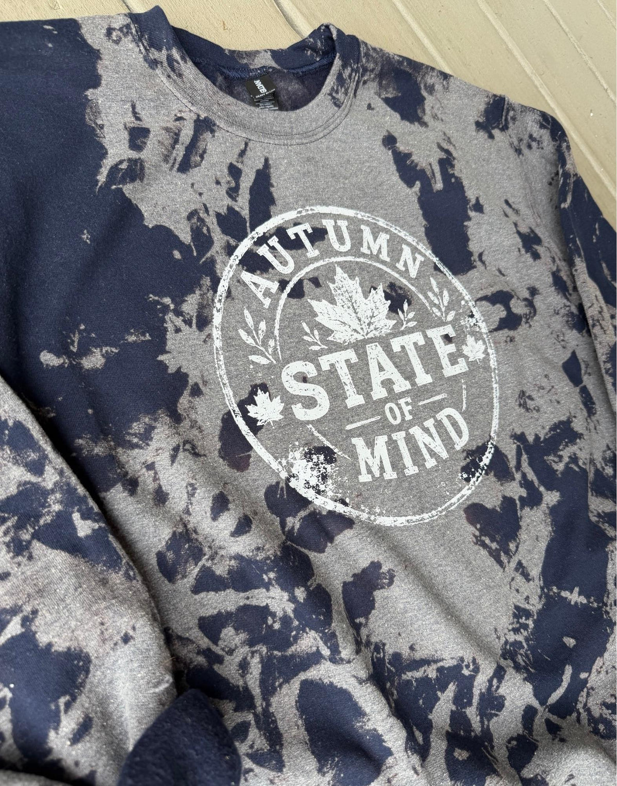 Autumn's State of Mind Sweatshirt - Navy vintage washed Design with Leaf Motif - Cozy and Comfortable cute fall gift
