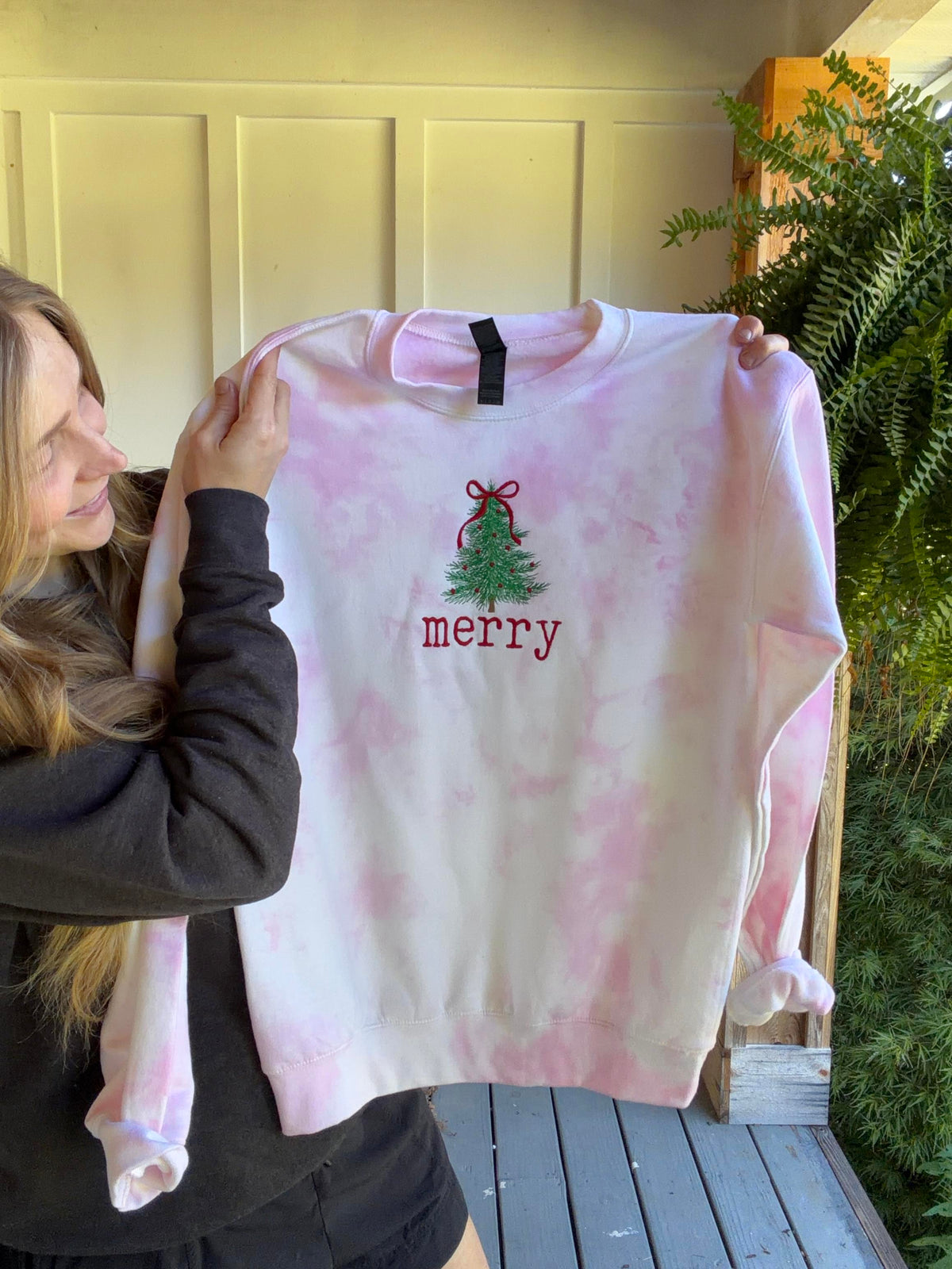 Embroidered Merry Tie-Dye Sweatshirt with Festive Tree Design Perfect for Holiday Season