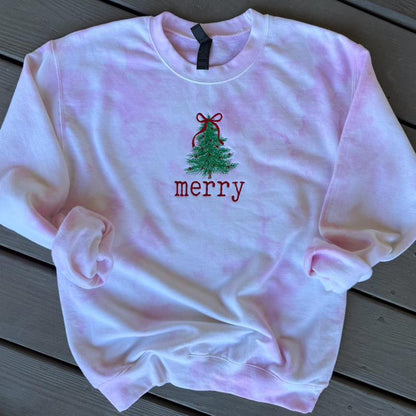 Embroidered Merry Tie-Dye Sweatshirt with Festive Tree Design Perfect for Holiday Season