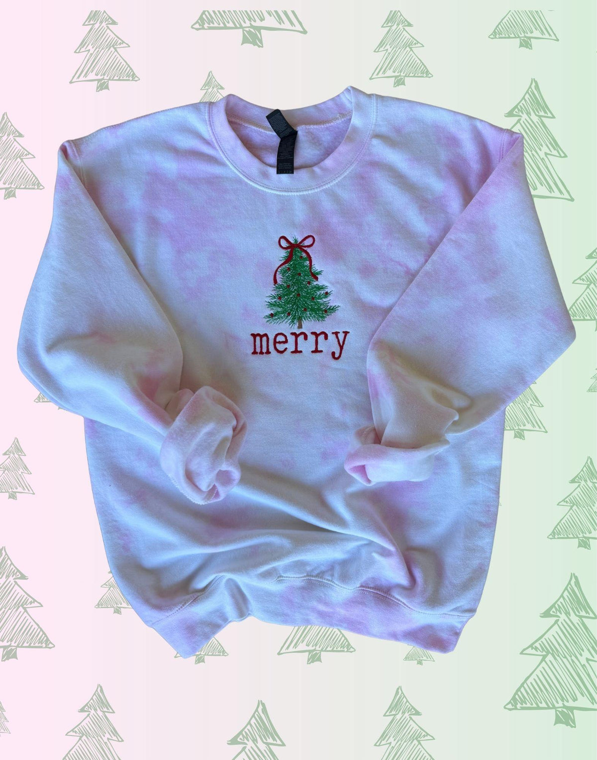 Embroidered Merry Tie-Dye Sweatshirt with Festive Tree Design Perfect for Holiday Season