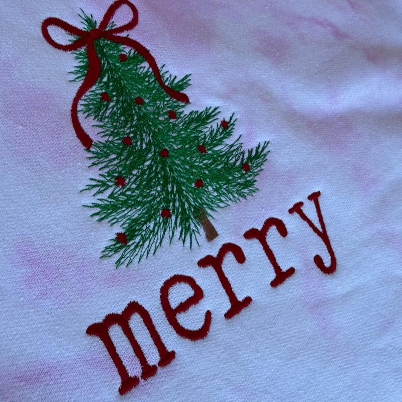 Embroidered Merry Tie-Dye Sweatshirt with Festive Tree Design Perfect for Holiday Season