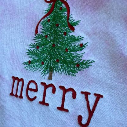 Embroidered Merry Tie-Dye Sweatshirt with Festive Tree Design Perfect for Holiday Season