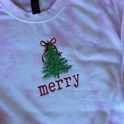 Embroidered Merry Tie-Dye Sweatshirt with Festive Tree Design Perfect for Holiday Season