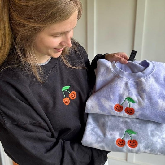 Embroidered pumpkin “cherry” jack-o’-lantern Halloween crewneck tiedye Tops