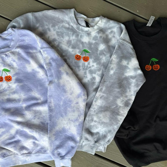 Embroidered pumpkin “cherry” jack-o’-lantern Halloween crewneck tiedye Tops