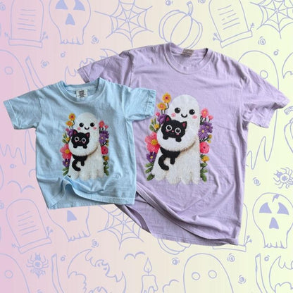 Ghost with black cat tshirt. Comfort colors tshirt