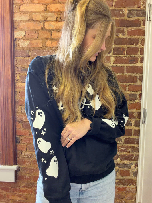 Halloween Ghost Sweatshirt for Women - Black crewneck with White Ghosts Design - Perfect for Fall Fashion