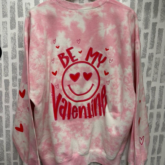 Heart eyes be my valentines crewneck with front pocket, arm design, and back design
