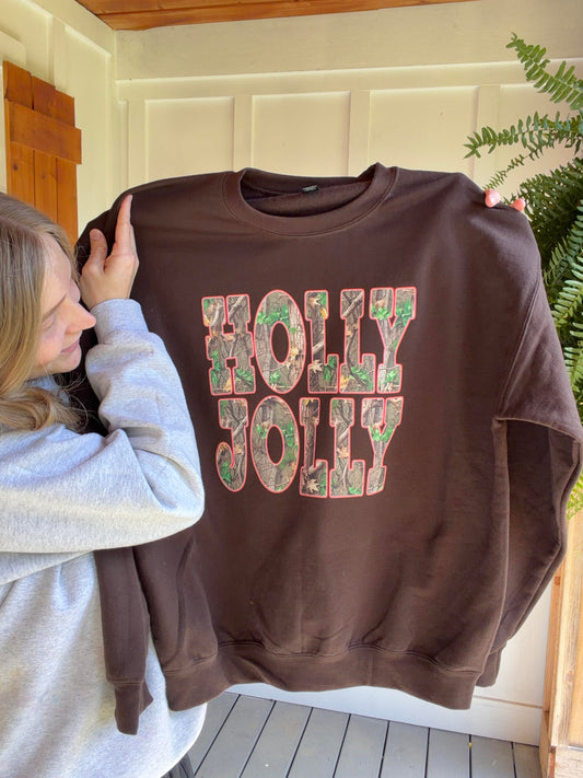 Holly Jolly Brown Sweatshirt with Festive Camo Print for Cozy Winter Wear, christmas