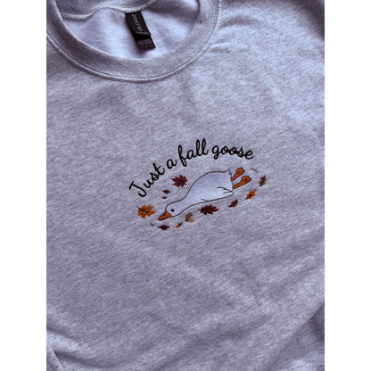Just a Fall Goose Embroidered Sweatshirt with Autumn Leaves Design