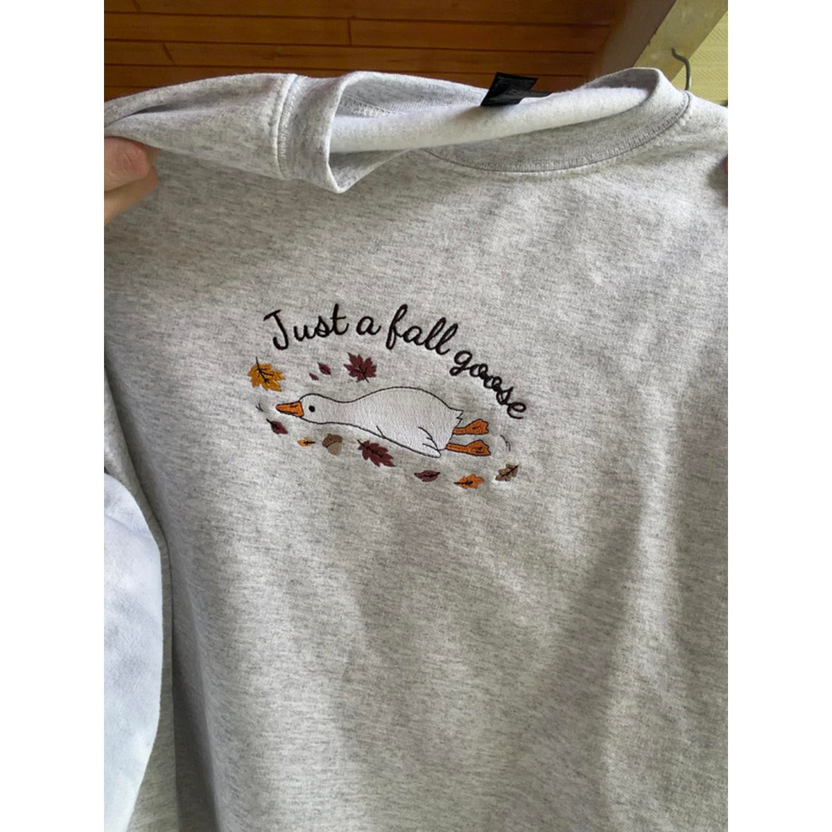 Just a Fall Goose Embroidered Sweatshirt with Autumn Leaves Design