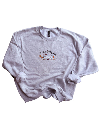 Just a Fall Goose Embroidered Sweatshirt with Autumn Leaves Design