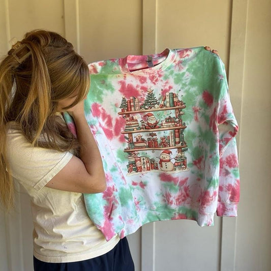 Merry Christmas Book Library Christmas’s Tiedye Cotton Casual Crewneck Sweatshirt for Women's Wear Tops