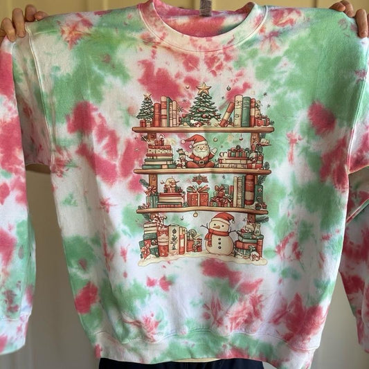 Merry Christmas Book Library Christmas’s Tiedye Cotton Casual Crewneck Sweatshirt for Women's Wear Tops