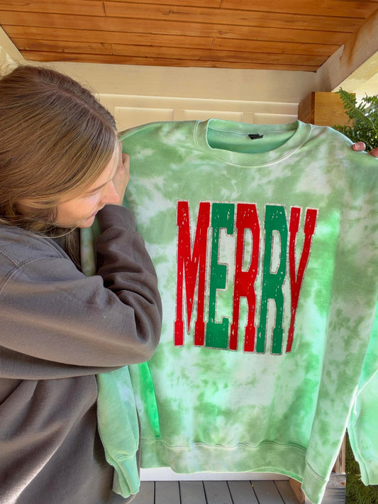 Merry Tie-Dye Sweatshirt - Festive Green and Red Design for Holiday Season, christmas sweatshirt