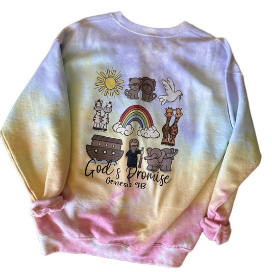 Noah’s Ark Crewneck or T-Shirt - Casual Cotton tiedye with God's Promise Design, Small Front Pocket & Large Back, Machine Washable, Everyday Wear - Top, Tshirt