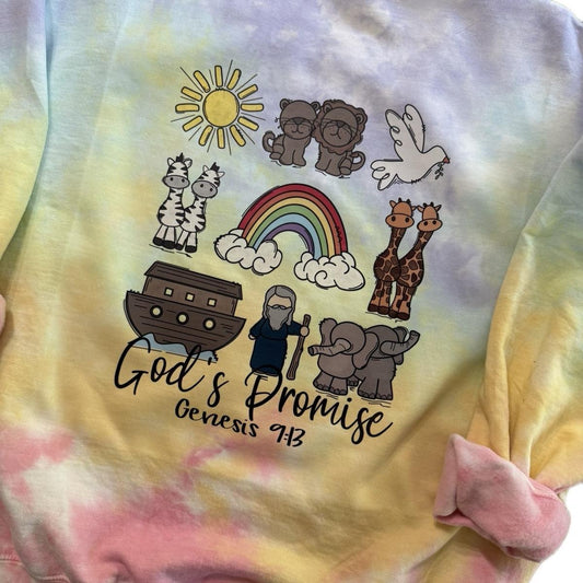 Noah’s Ark Crewneck or T-Shirt - Casual Cotton tiedye with God's Promise Design, Small Front Pocket & Large Back, Machine Washable, Everyday Wear - Top, Tshirt