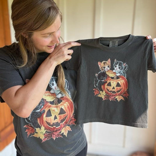 Nostalgia Kitten Halloween 90s Halloween Shirt Tshirt Comfort Color with Cat and Pumpkin Design