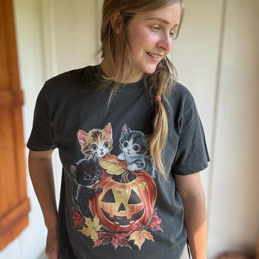 Nostalgia Kitten Halloween 90s Halloween Shirt Tshirt Comfort Color with Cat and Pumpkin Design