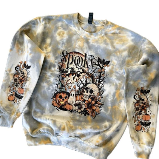 Orange and Black Spooky Halloween Tiedye Cotton Tops with Arm Designs Sweatshirts Crewneck Casual Women's Long Sleeve Womenswear