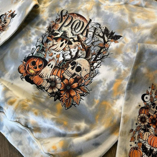 Orange and Black Spooky Halloween Tiedye Cotton Tops with Arm Designs Sweatshirts Crewneck Casual Women's Long Sleeve Womenswear