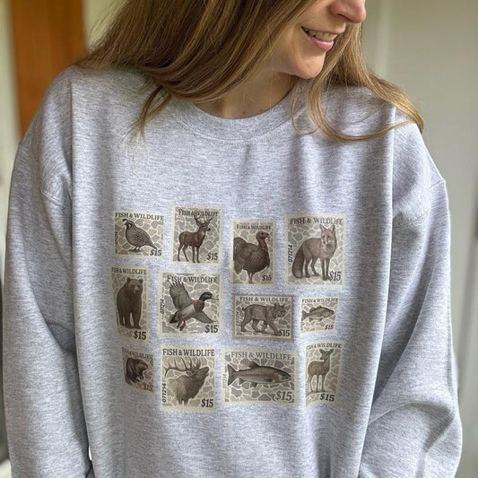 Outdoor wildlife, animals, camo, fish stamps crewneck Cotton Casual Pullover
