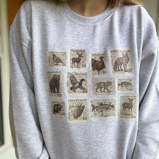 Outdoor wildlife, animals, camo, fish stamps crewneck Cotton Casual Pullover