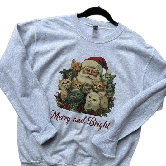 Santa with Kitten/cats merry and bright vintage nostalgia sweatshirt