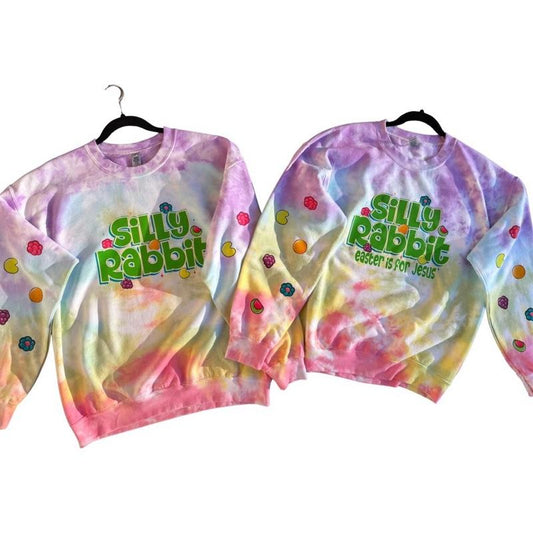 Silly rabbit, cereal, Easter is for Jesus , multi colored tiedye crewneck Tops Sweatshirts