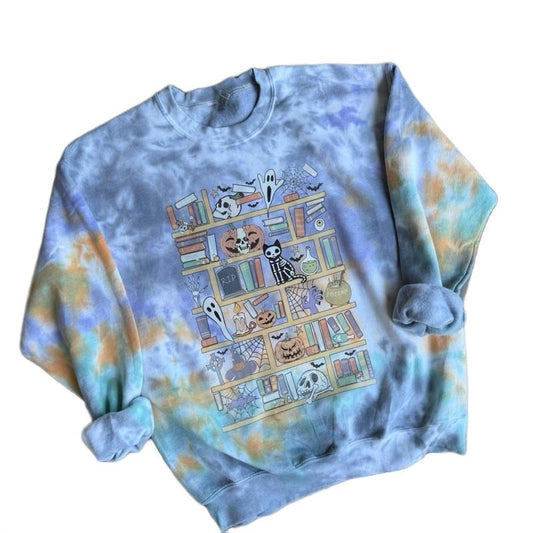 Spooky Book Library Halloween Tiedye Cotton Casual Crewneck Sweatshirt for Women's Wear Tops
