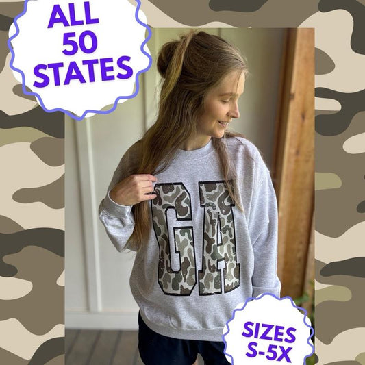 State initials camo (we have all 50 states) CREWNECK Cotton Casual Pullover