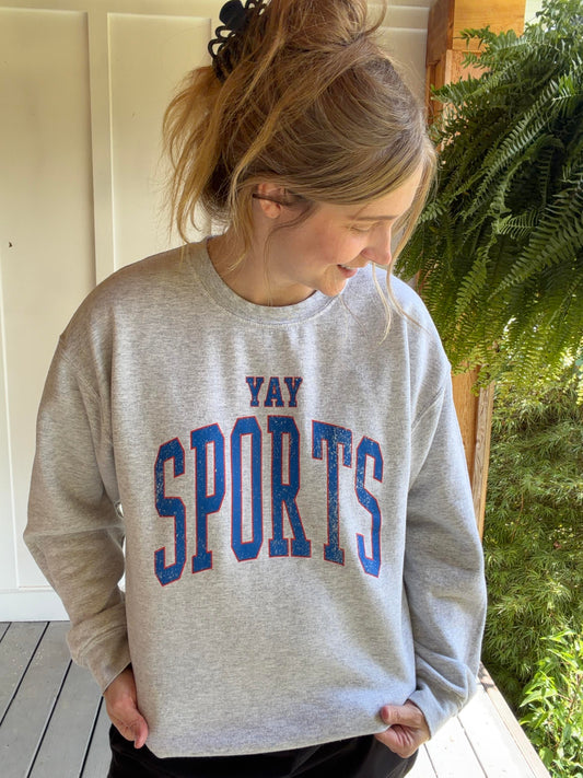 Yay Sports Sweatshirt - Gray Long Sleeve Crew Neck with Blue Lettering, Casual Style for Everyday Wear cute fall gift